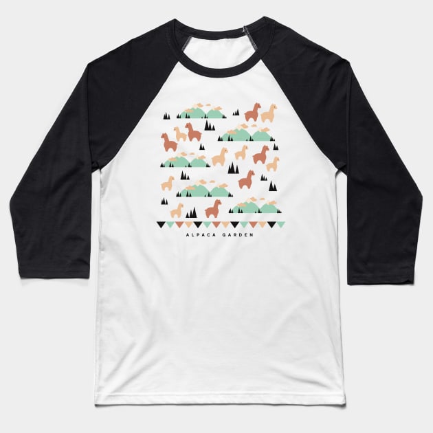 Alpaca Garden Illustration Baseball T-Shirt by FlinArt